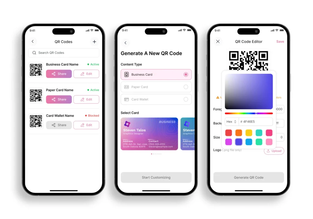 QR Code Generator Screens